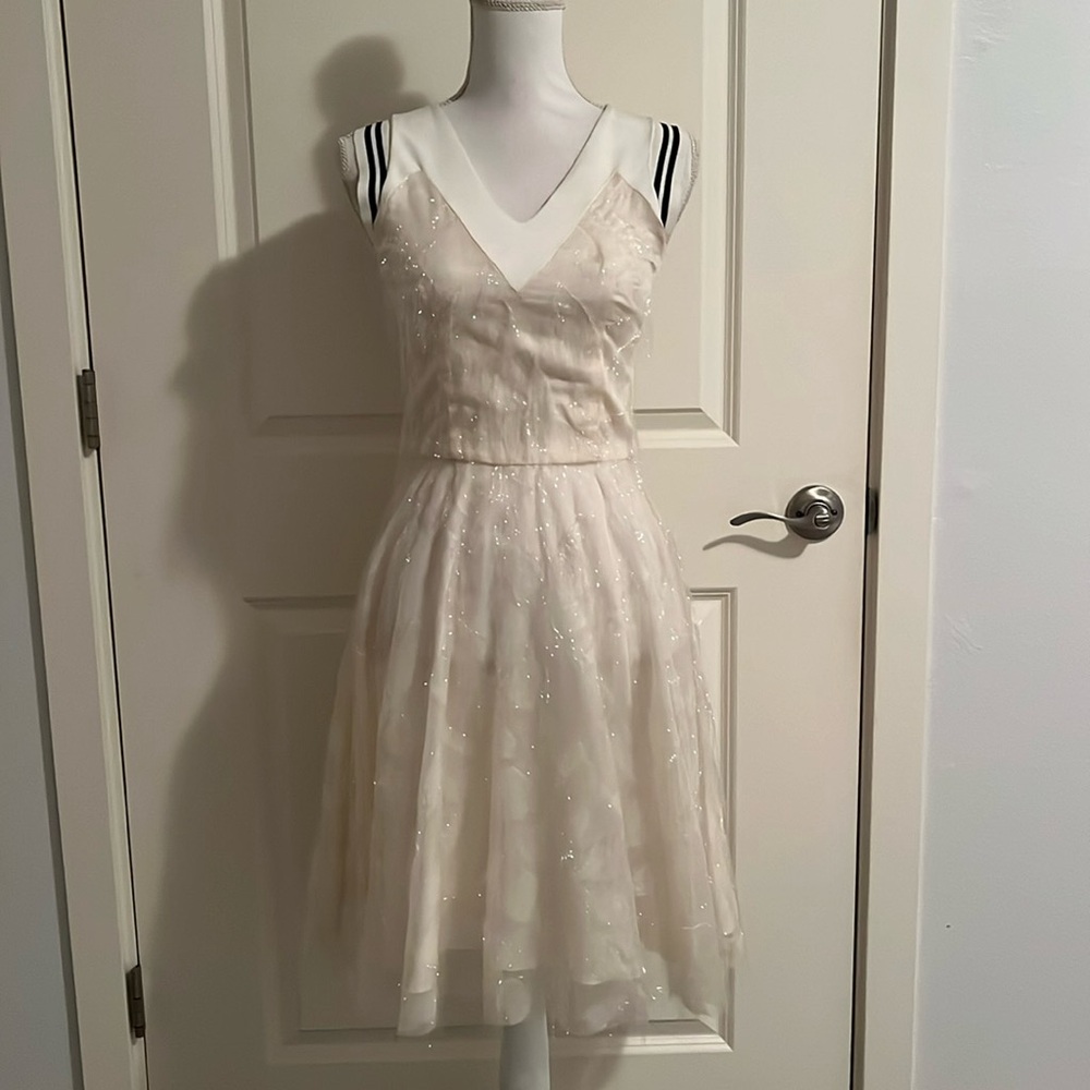 Cristiano Burani White & Ivory V-Neck Dress with Black Stripes at Shoulders